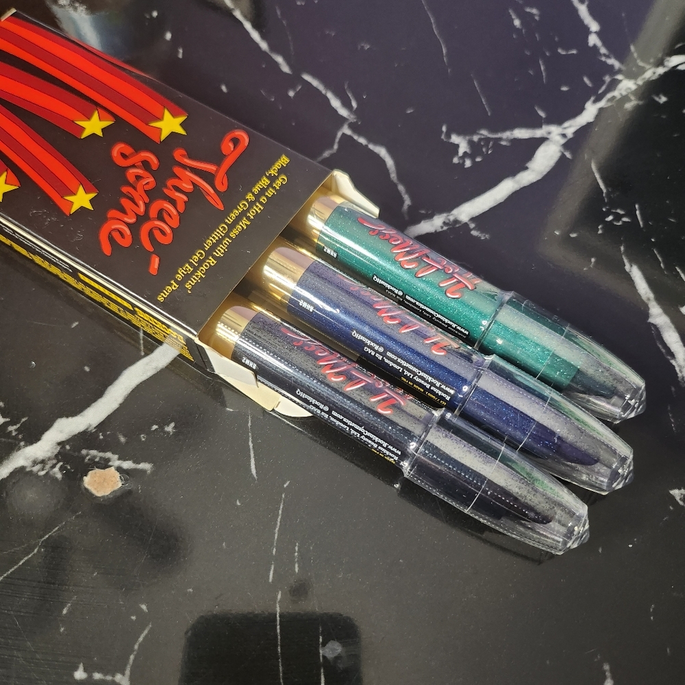 NIB Rockins Cosmetic Hot Mess BLACK BLUE GREEN Trio Glitter Gel Eye Pens Crayons